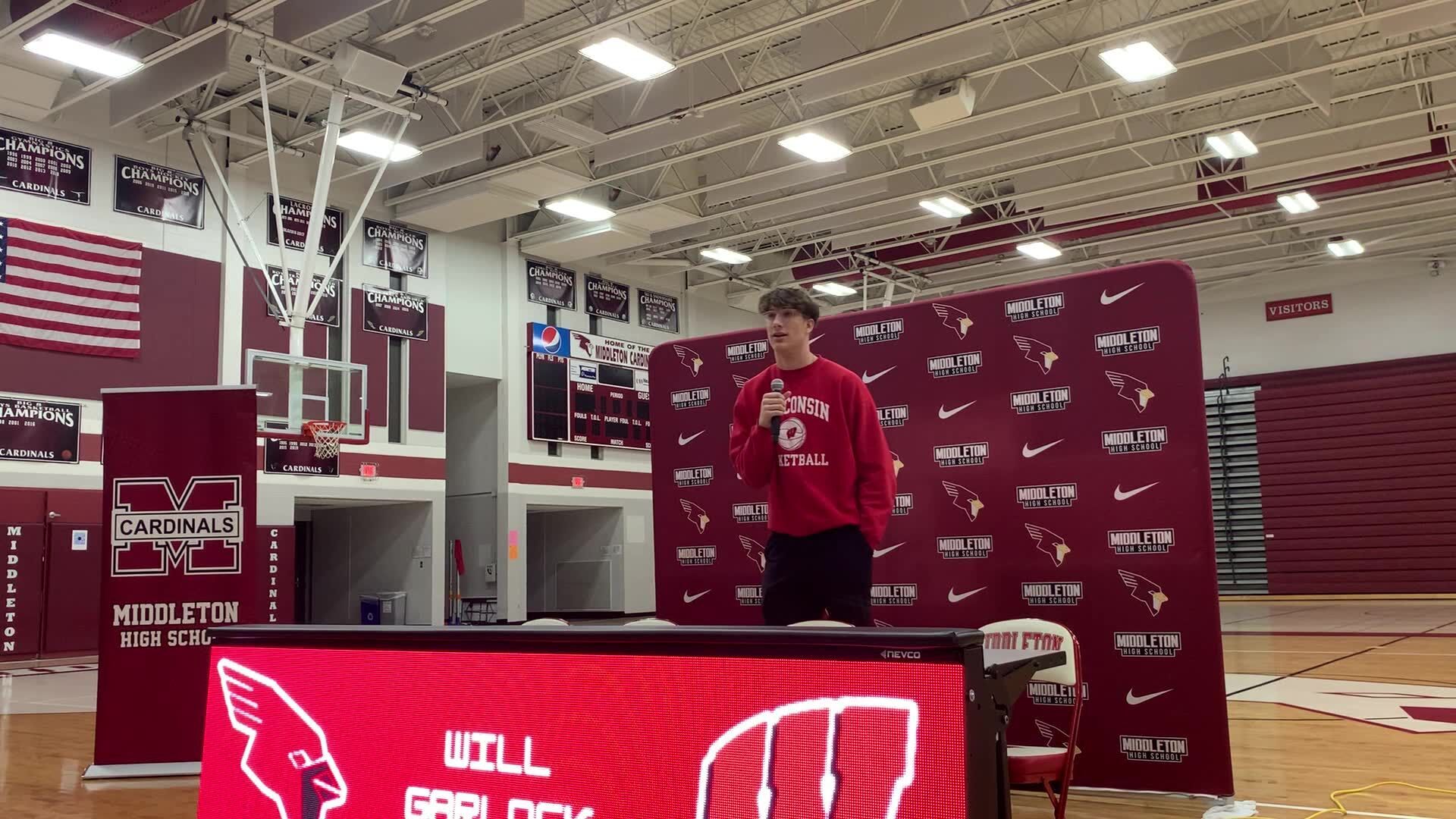 Wisconsin men's basketball signee Will Garlock speaks at Middleton signing ceremony